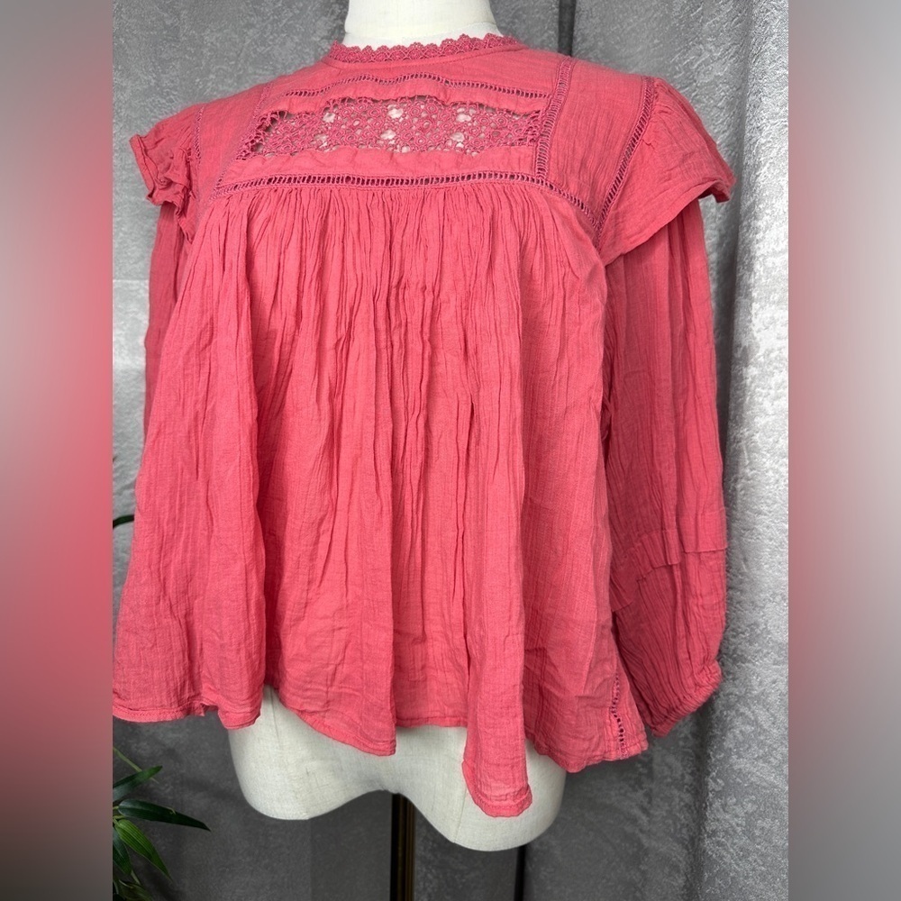 Free People Women’s Boho Flora Ruffle Oversized Crochet Top Salmon Pink Sz M - Picture 7 of 13